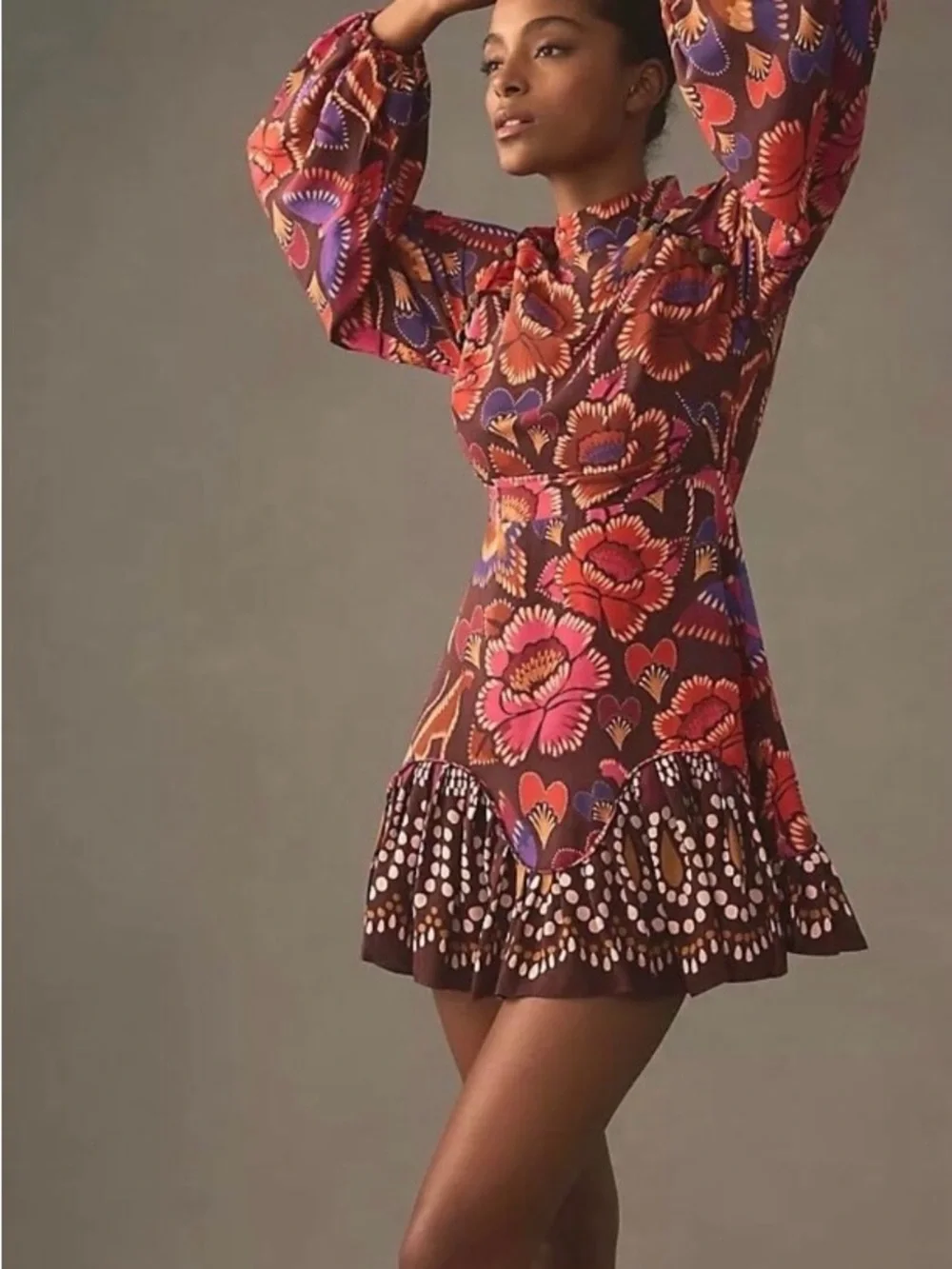 FARM Rio Brown Mini Dress with Pink and Red Floral Print - Picture 1 of 4